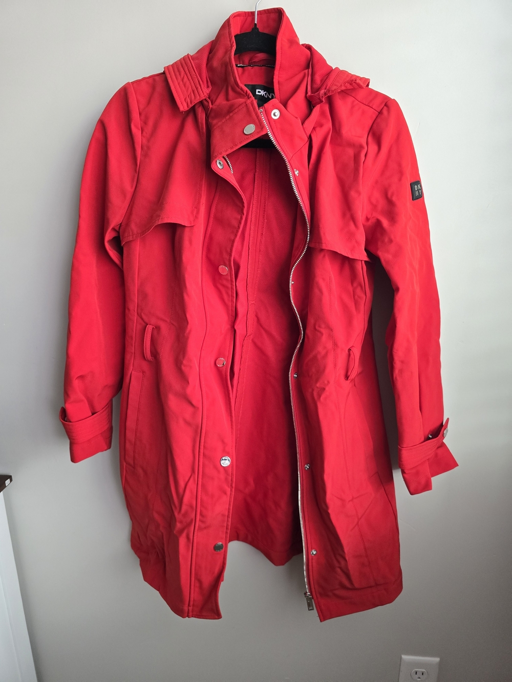 DKNY Red Trench Coat with Self-Tie Belt - Picture 2 of 14